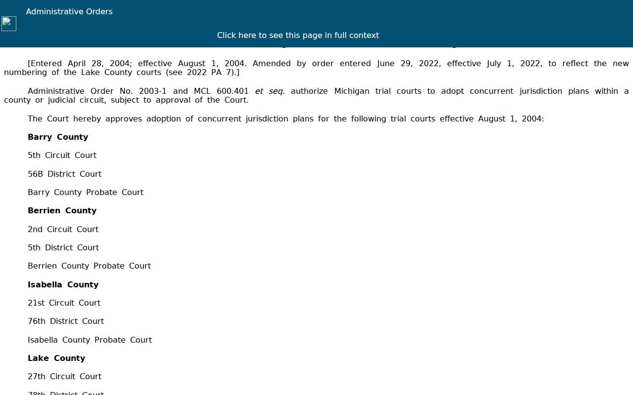 Barry County civil court docket concurrent-jurisdiction order for local courts